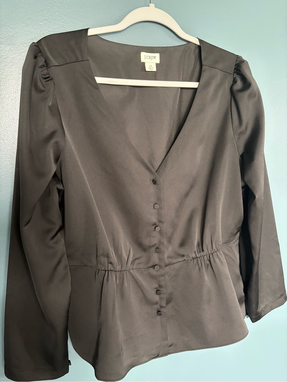 J. Crew Black V-Neck Button-Front Peplum Blouse